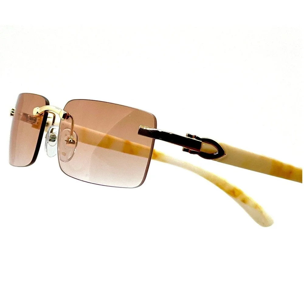Rimless Sunglasses Rectangle Gold Frame‎ Champagne Lens Fashion Men Small Retro